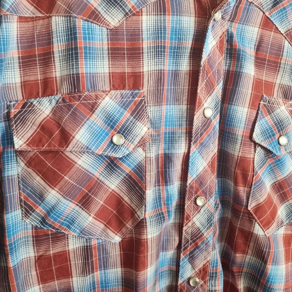 Wrangler Rancher Mens Button Shirt Red Plaid Long Sleeve Pearl Snap Size Large - Picture 4 of 9